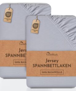 NatureMark 2er Pack Jersey Spannbettlaken, 100% Baumwolle - MARKENQUALITÄT ÖKOTEX Standard 100 | 90 x 200 cm - Silber gr