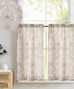 TOPICK Vintage Blumen Gardine für Küche und Wohnzimmer Blickdicht Braun auf Beige 2er-Set 65B x 90H(cm)