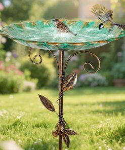 Vogeltränke Stehend Winterfest Mit Erdspieß, Vögel Wassertränke Draußen Garten, Metall Vogelbad für Stehen Φ 25,5 x 77 c
