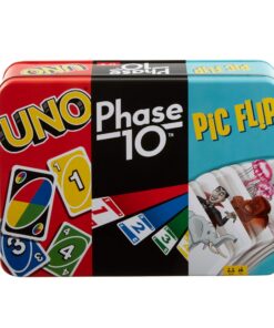 Mattel UNO Phase 10 Pic Flip Dekorative Aufbewahrungsbox 3 Kartenspiele für Spieler ab 7 Jahren Spieleabend Geschenk