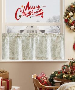 TOPICKTransparente Scheibengardine für Küche und Wohnzimmer - Blumen_bedrucktes Leinen Vorhanggrün auf beige, 40x125cm