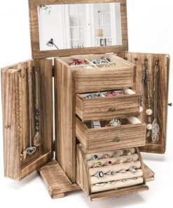 Rustikales Holz Schmuckkästchen mit Spiegel für Rustikal Braun Fans (4 Ebenen Schmuckbox für Ringe, Ohrringe, Halsketten