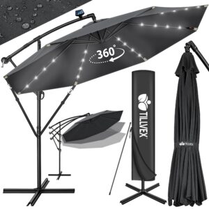 Tillvex Alu Ampelschirm + Abdeckung LED Solar Ø 300 cm mit Kurbel | UV-Schutz Gartenschirm |Ideal für Garten- und Strand