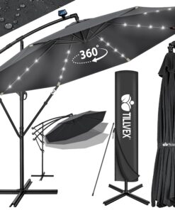 Tillvex Alu Ampelschirm + Abdeckung LED Solar Ø 300 cm mit Kurbel | UV-Schutz Gartenschirm |Ideal für Garten- und Strand