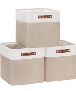 Stoff Aufbewahrungsbox 25x25x25cm 3er-Set für Schrank und Regal, Khaki & Weiß