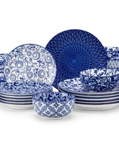 Vancasso Serie SELENE 24-tlg Keramik Geschirrset für 6 Personen Tafelgeschirr in Blau-Weiß mit Teller, Salatteller, Supp