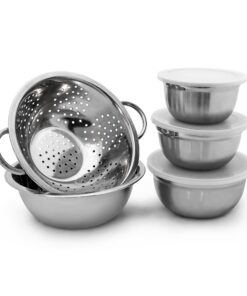 Relaxdays Edelstahl Küchensieb Set, 5-teilig, stapelbar, silber, Frischhaltedose 10 x 24 x 30 cm