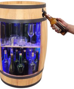 Holzfass LED Bar mit Flaschenöffner - Fass Regal für Whisky Bier Wein (Hellbraun/Eiche)