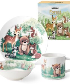 MIAMIO - 3er-Set Kindergeschirr aus Porzellan für Kinder und Kleinkinder - Waldmuster - Inklusive Teller, Schüssel und T