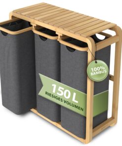 AMBIAVO® Wäschekorb 3 Fächer grau – Platzsparend – Für die Whole Family – In der Waschkunft – Stabile Bambuskonstruktion