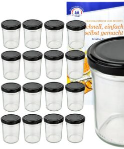 MamboCat Sturzgläser 25er Set 230 ml Hoch schwarz Deckel inkl. Rezeptheft Einmachgläser Marmeladengläser