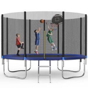 Redkid Trampolin Outdoor Ø 366 cm Kindertrampoline mit Sicherheitsnetz, Leiter und Basketballkorbbrett, Belastbarkeit 44