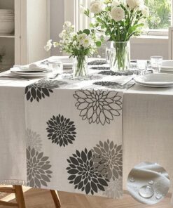 Vorysum Wasserabweisender Moderner Tischläufer für Hochzeit und Party 33 x 183 cm Grau Dahlien Dekoration Outdoor