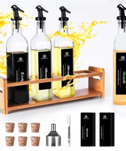 Essig und Ölflaschen Set (4x500ml) mit warmer Gelbton Bambus Regale, Ölspender mit schwarzen Etiketten, KITCHEN ORGANIZA