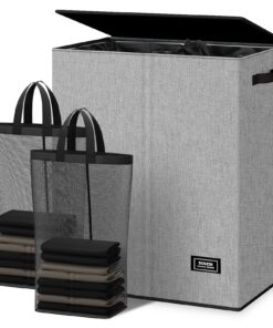 SOLEDI 145L Wäschekorb Für Schlafzimmer & Badezimmer - Groß XXXL 2 x 7|5L Grau - Wäschesortierer mit Deckel & Wäschesack