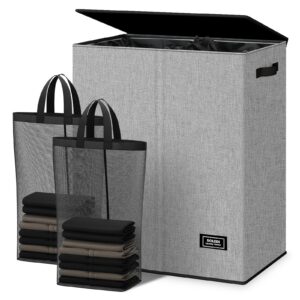 SOLEDI 145L Wäschekorb Für Schlafzimmer & Badezimmer - Groß XXXL 2 x 7|5L Grau - Wäschesortierer mit Deckel & Wäschesack
