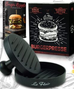 Le Flair® Alu Burgerpresse für Männer - Hamburgerpresse mit Aufbewahrungstasche - Grillzubehör - 50 Blatt Backpapier - G