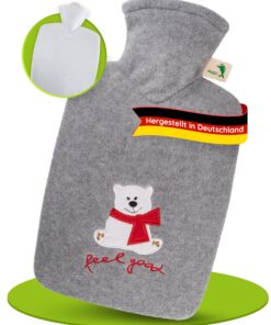Hugo Frosch Wärmflasche Klassik 1,8l – Made in Germany – feuchtigkeitsgehaltiger Fleecebezug Eisbär "feel good" Grau