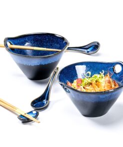 Japanische Ramen Schüssel Set Blau 900ml für 2 Personen mit Löffel & Essstäbchen