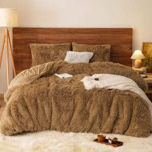 PHF Plüsch-Bettwäsche-Set aus zotteligem Kunstfell Taupe | luxuriös, weich und flauschig | für das ganze Haus | 3-teilig