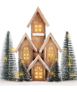 Spetebo LED Holz Häuserzeile Weihnachtsdorf mit Timer - Advent Deko warm weiß beleuchtet Batterie betrieben - 32 x 30 cm