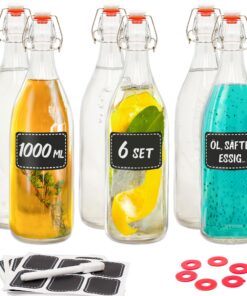 Praknu 6er Set Glasflaschen 1L mit Bügelverschluss inkl. 6 Extra Dichtungen & 12 Etiketten - Ideal für Öl, Saft & Kombuc