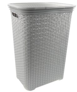 HRB Wäschekorb mit Deckel Grau 65 Liter Sortierfunktion für Wäsche Slide-Ausziehschlitz Rattan Design
