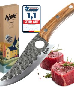 Kjøk Premium Küchenmesser Hochwertiges Grillmesser Outdoor & Camping 148 mm scharfe Klinge HRC 58±2 - Hammeroptik Oliven