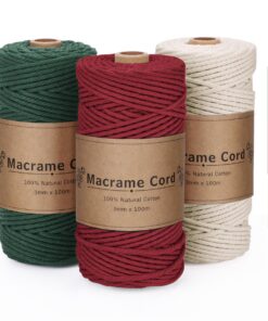 PUWOWYE Makramee Garn Set für Weihnachten DIY Handwerk - 3 Stück 3mm Baumwollgarn Rot Grün Beige 3x100M
