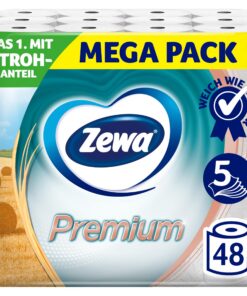 Zewa Premium Toilettenpapier mit Stroh 5 Lagen, Vorratspackung, 6x8 Rollen, Hausgebrauch