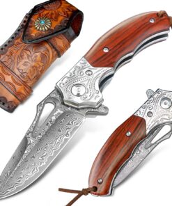 NedFoss TIGER SHARK Hochwertiges Damast Taschenmesser, 7CM Damast Klappmesser mit Scheide & Clip, Jagdmesser für Sammler