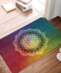 OOAHJEID Anti-Rutsch Fußmatte Küche Regenbogen Blume des Lebens mit Lotus vorne Heilige Geometrie Outdoor Outdoor-Badezi