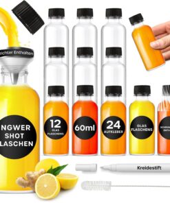 volila Shot Flaschen 12 x 60 ml - Mini Glasfläschchen mit Deckel, Trichter & Reinigungsbürste - Zum Befüllen mit Likör,