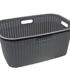 HRB Grauer Wäschekorb Plastik Rattan Optik, 58,5 x 39 x 26 cm, 40 L Volumen, Wäsche Sortierer für Hausfrauen, ideal für