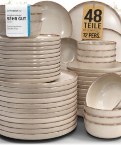 Steingut Geschirrset 12 Personen TESTSIEGER Rustic Design Schüssel- und Teller Set Beige