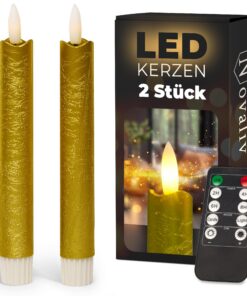 LED Stabkerzen mit Timer GOLD 2er Set für indoor Nutzung - 18cm Höhe, 2,2cm Durchmesser, 6 Stunden Einzug, echter Wachsd