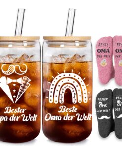 Mason Life 500ml Gläser Geschenk Opa Oma mit Deckel Strohhalm Eiskaffee