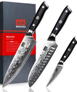SHAN ZU Hochkohlenstoffreiches Superstahl-Damastmesser-Set für Professionelle, 3-teilig Kochmesser-Set mit G10-Griff und