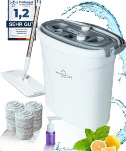 Bodenwischer Set mit 3-Kammersystem für Hausfrauen | Wischmopp mit Auswringfunktion und Putzeimer für Familien | HydroW