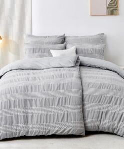 Qucover Seersucker Bettwäsche 135x200, Grau-Weiß Gestreift, Bügelfreie Sets mit Reißverschluss Qucover Seersucker Mikrof
