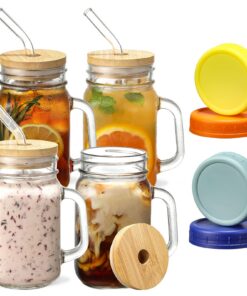 Reusable Trinkbecher mit Griff - Glass Mässigefäss 473 ml, ideal für Iced Coffee, Smoothie & Tee - 4 Stück Set |Airtight