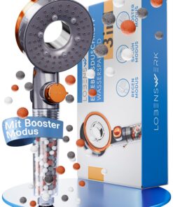 LOBENSWERK Wassersparender Duschkopf mit Filter und Mineralperlen - 3 Modi inkl. Booster | For Schnellflure inkl. Ersatz