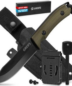 Edles Outdoor-Messer aus D2-Stahl für Bushcraft und Jagd (Milan/Olivgrün) Resistentes Survival-Messer mit Kydex-HOLSTE