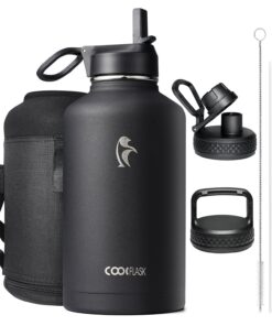 Isolierte Wasserflasche 2L für Sport und Büro - Doppeltes Vakuum, Strohhalm und 3 Deckeln, Edelstahl, Schwarz | Coolfla