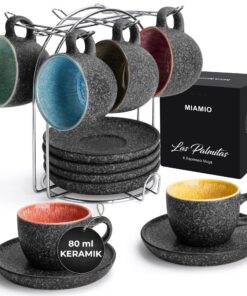 MIAMIO - 6er Set 80 ml stapelbare Espressotassen aus Keramik Las Palmitas Collection für Espresso Kaffeebecher mit Unter