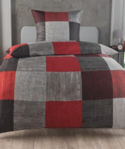 Bettwäsche 155x220cm 2-teilig Mikrofaser Rot - atmungsaktiv mit Reißverschluss für Einzelbett - modernes Karo Design