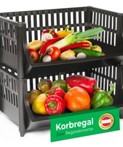 Novaliv Schwarz Korbregal für Lebensmittel und Obst, stapelbar & erweiterbar, ideal für Vorratsraum und Keller-Aufbewahr