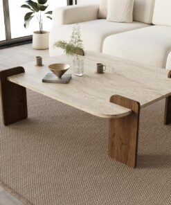 Brilliance Travertin Braun Couchtisch, moderner Sofa-Tisch fürs Wohnzimmer aus Holz, Ablagefunktion mit Tür