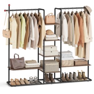 SONGMICS Home Garderobenständer offener Kleiderschrank RGR012B01 Naturwalnussfarben-tintenschwarz 6 Ablagen 2 Kleidersta