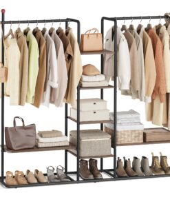 SONGMICS Home Garderobenständer offener Kleiderschrank RGR012B01 Naturwalnussfarben-tintenschwarz 6 Ablagen 2 Kleidersta